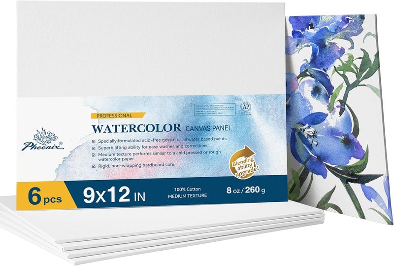 Phoenix Watercolor Canvas Boards for Painting - 9x12 Inch/6 Pack, 100% Cotton Water Color Canvas Panels, 8 Oz. / 260g White Blank Medium Texture Flat Canvases for Water Based Paints - Image 1